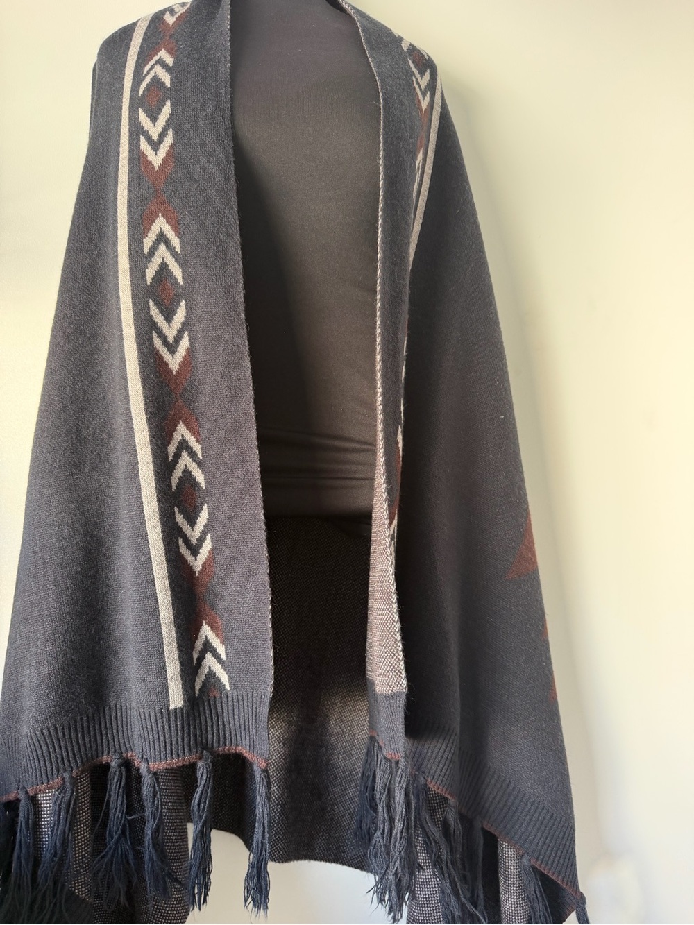 World Market Aztec Fringe Grey Long Shrug Front Sweater Wrap 1 SZ Boho Chic